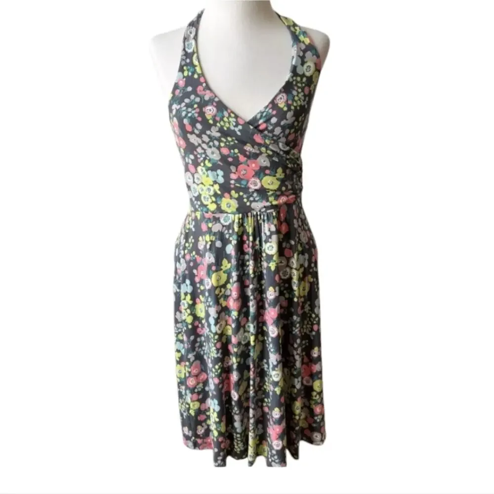BODEN Women's St. Lucia‎ Halter Dress US Sz 6 Grey Floral Chartreuse Multicolor